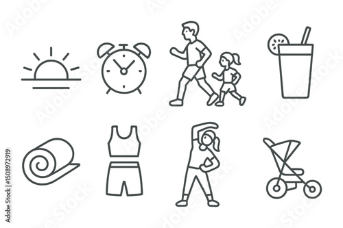 Morning fitness and exercise routine icons for healthy living