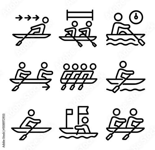 Rowing Race Icons. Outline icon set of race formats: head race, sprint regatta, time trial, side-by-side race, coxed race, coastal