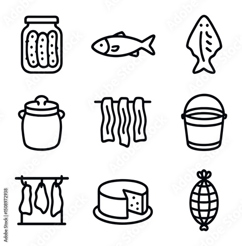 Salt Preservation Icons. Outline icon set of salt in preservation: pickled cucumber jar, cured fish, salted cod, fermentation