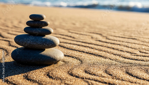 Smooth black stones stacked in a vertical composition on textured sand with soft waves, captured in warm natural light.