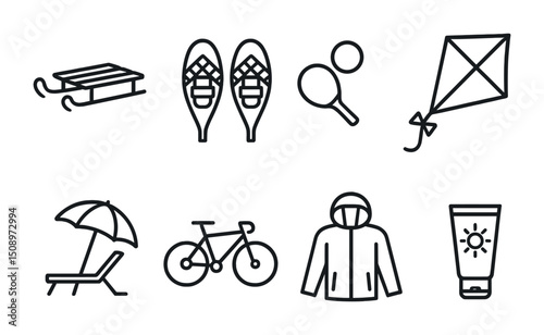 Outdoor recreation equipment icons for summer and winter activities