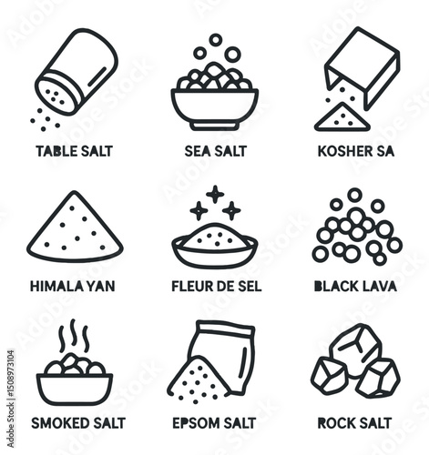 Salt Types Icons. Outline icon set of salt types: table salt, sea salt, kosher salt, Himalayan pink salt, fleur de sel, black lava