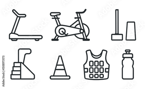 Gym equipment outline icons for fitness and exercise designs