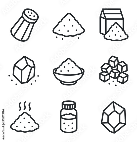 Salt Types Icons. Outline icon set of salt types: table salt, sea salt, kosher salt, Himalayan pink salt, fleur de sel, black lava