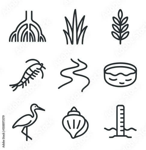 Saltwater Ecosystem Icons. Outline icon set of salt water ecosystems: mangrove roots, salt marsh grass, halophyte plant, brine