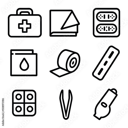 Safety First Icons. Outline icon set of safety and first-aid supplies: first-aid kit, emergency blanket, blister plasters,