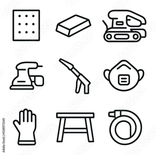 Sanding Tools Icons Set. Outline icon set of sanding tools: sandpaper sheet, sanding block, belt sander, orbital sander,
