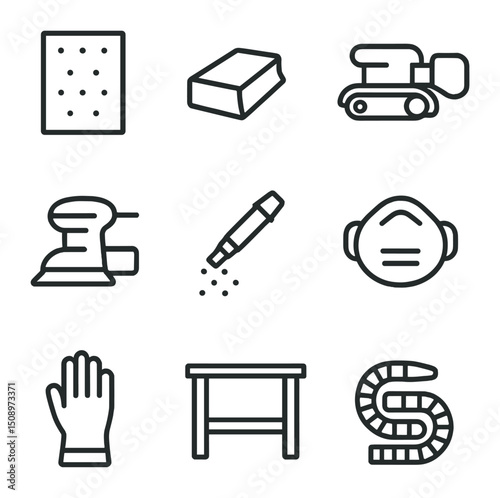 Sanding Tools Icons Set. Outline icon set of sanding tools: sandpaper sheet, sanding block, belt sander, orbital sander,
