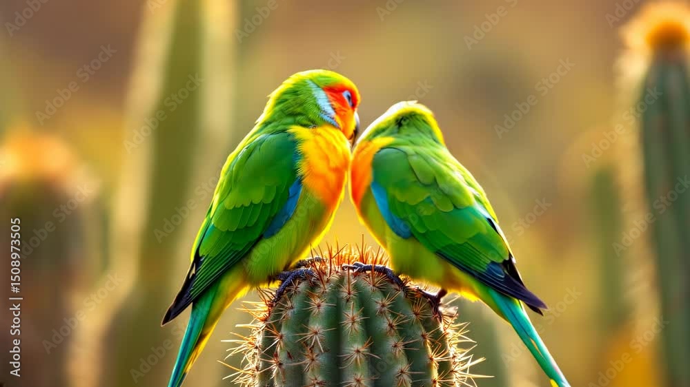 Two vibrant sun conure parrots perched atop a spiky cactus in the desert