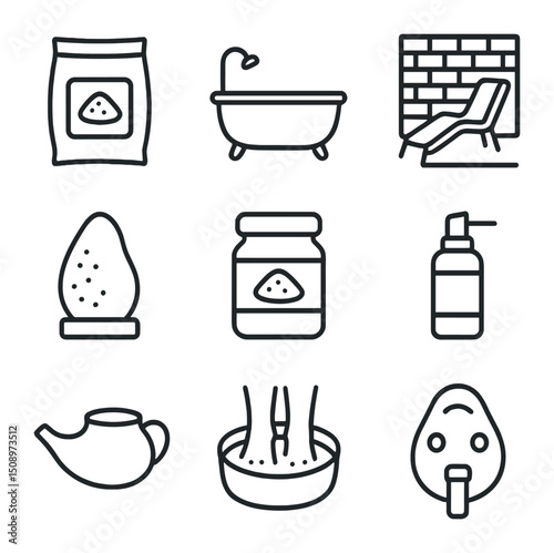 Salt Wellness Icons. Outline icon set of health & wellness salt uses: Epsom salt bag, bath tub, halotherapy room, salt lamp, salt