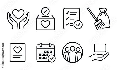 Charity and volunteering icons for community support and event planning