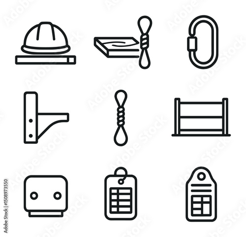 Scaffold Safety Icons. Outline icon set of hard hat on scaffold plank: safety helmet, scaffold plank, safety rope, carabiner,