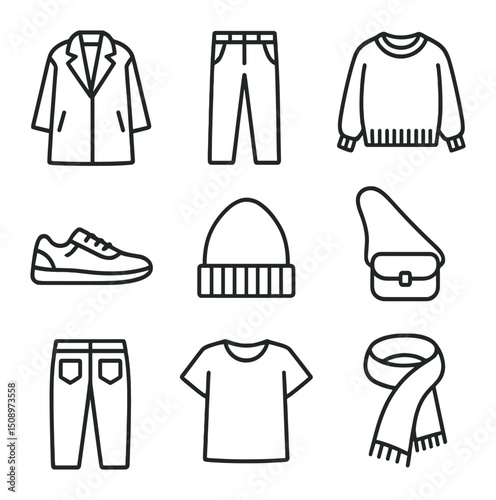 Scandinavian Style Icons. Outline icon set of Scandinavian street style: oversized coat, cropped trousers, chunky knit, white