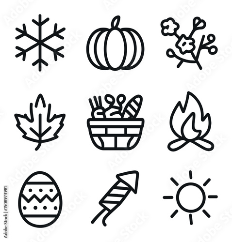 Seasonal Celebrations Icons. Outline icon set of seasonal celebrations: snowflake, pumpkin, blossom branch, sun, falling leaf,