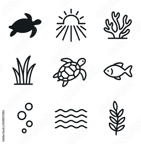 Sea Turtle Icons. Outline icon set of sea turtle gliding in sunlit water: turtle silhouette, sunray, coral patch, seagrass, fish