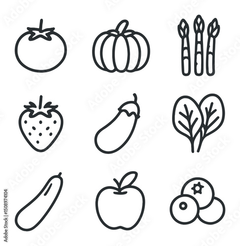 Seasonal Produce Icons. Outline icon set of seasonal farm produce: tomato, pumpkin, asparagus, strawberry, eggplant, spinach,