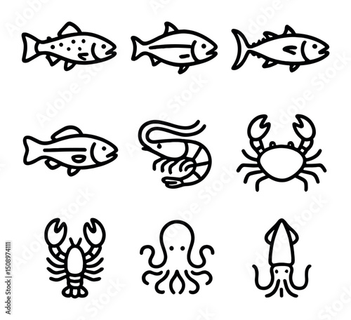 Seafood Icon Set. Outline icon set of catch types: trout, salmon, tuna, cod, shrimp, crab, lobster, octopus, squid. Line icons .