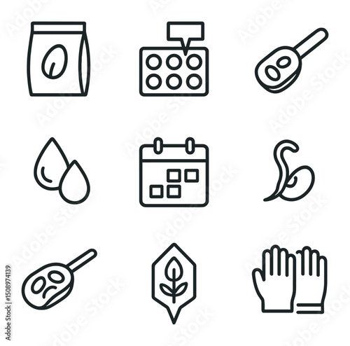 Seed Selection Icons. Outline icon set of seed selection: seed packet, labeled tray, measuring spoon, moisture drops, calendar,