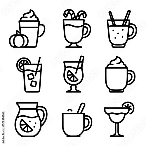 Seasonal Beverage Icons. Outline icon set of seasonal beverage favorites: pumpkin spice latte, peppermint mocha, eggnog mug, iced