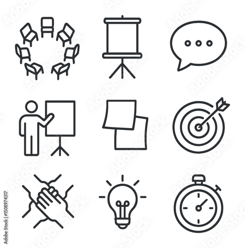 Self-Improvement Workshop Icons. Outline icon set of group self-improvement workshops: circle of chairs, flip chart, facilitator