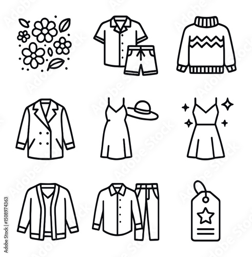 Seasonal Fashion Icons. Outline icon set of seasonal collections: spring floral print, summer linen set, autumn knitwear, winter
