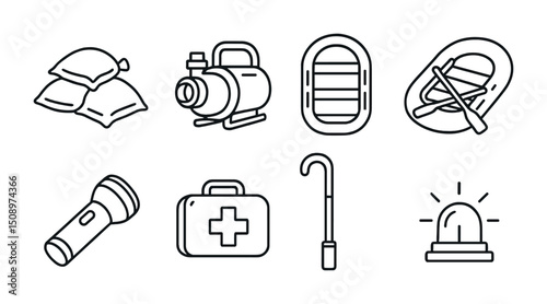 Emergency and outdoor equipment icons for camping and safety design