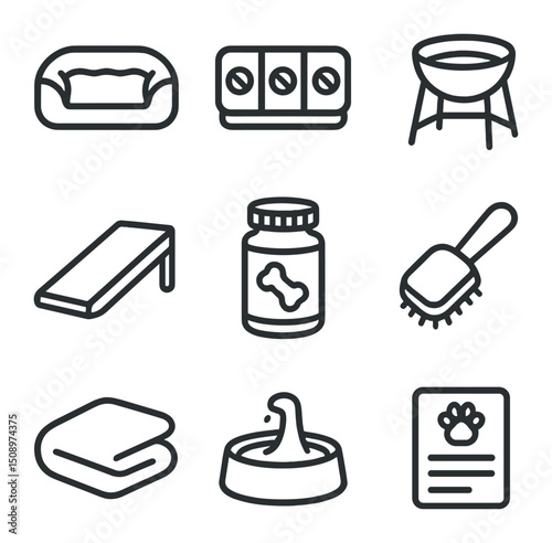 Senior Pet Care Icons. Outline icon set of senior pet care: orthopedic bed, pill organizer, elevated bowl, ramp, joint supplement,