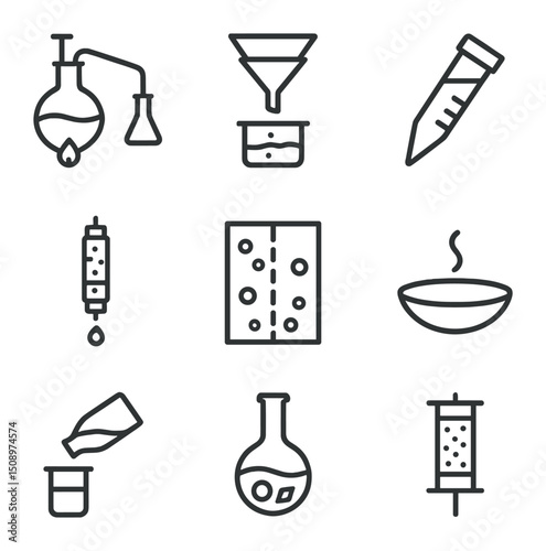 Separation Technique Icons. Outline icon set of separation techniques: distillation apparatus, filtration funnel, centrifuge tube,