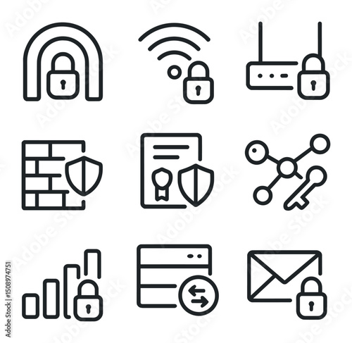 Secure Network Icons. Outline icon set of secure network connections: VPN tunnel, Wi-Fi lock, secure router, firewall shield, SSL