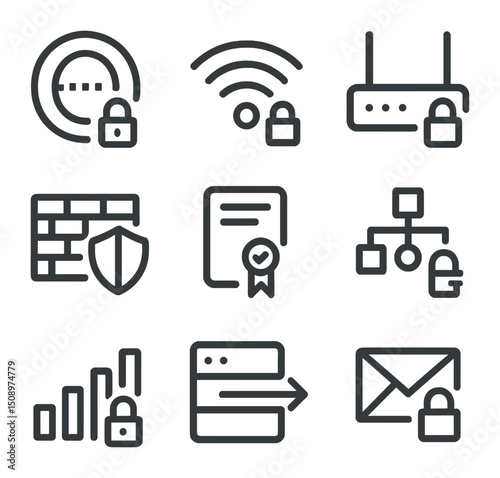 Secure Network Icons. Outline icon set of secure network connections: VPN tunnel, Wi-Fi lock, secure router, firewall shield, SSL