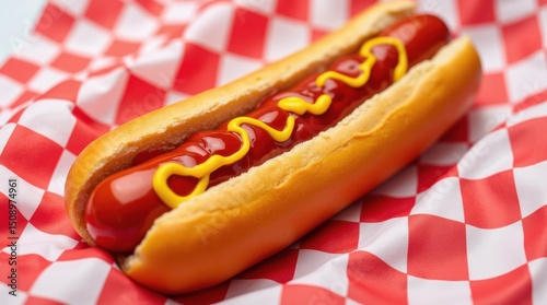 A hot dog, topped with ketchup and mustard, sits on a red and white checkered paper