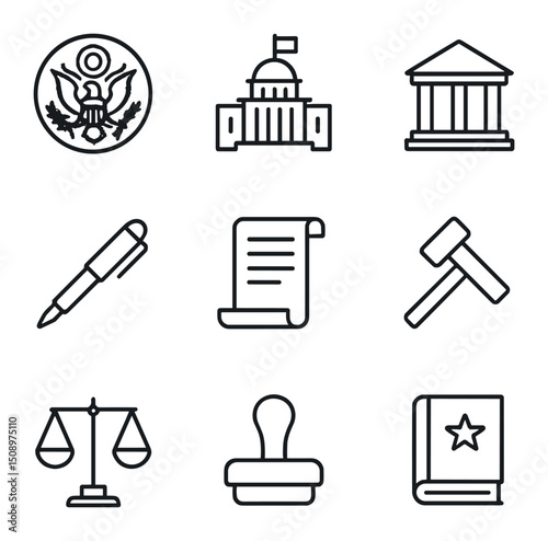 Separation of Powers Icons. Outline icon set of separation of powers: presidential seal, parliament building, courthouse façade,