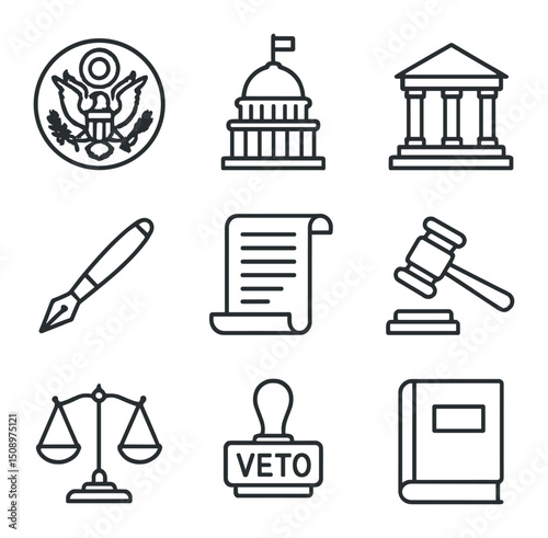 Separation of Powers Icons. Outline icon set of separation of powers: presidential seal, parliament building, courthouse façade,