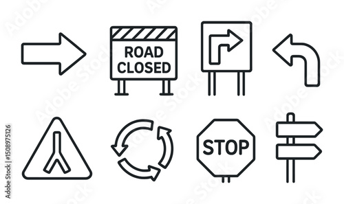 Collection of road signs for traffic navigation and safety