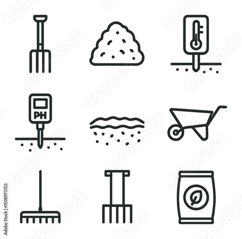 Soil Preparation Icons. Outline icon set of soil preparation for autumn: garden fork, compost pile, soil thermometer, pH tester,