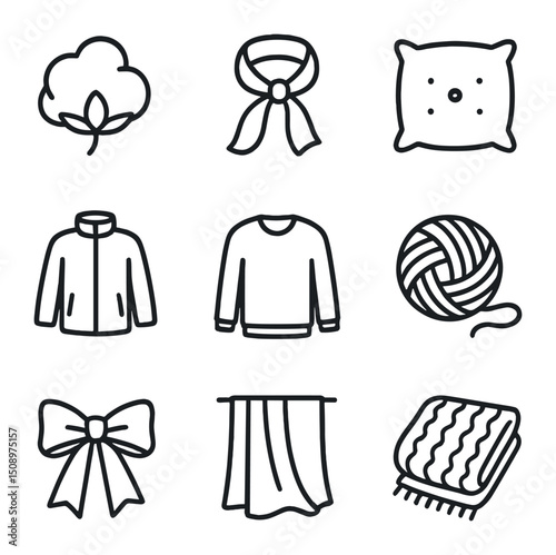 Soft Fabrics Icon Set. Outline icon set of soft fabrics: cotton ball, silk scarf, velvet cushion, fleece jacket, cashmere sweater,