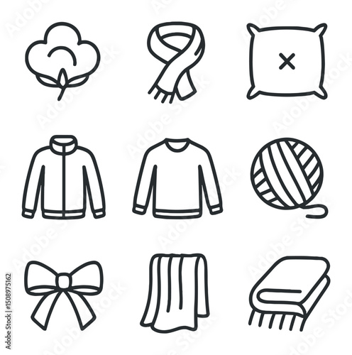 Soft Fabrics Icon Set. Outline icon set of soft fabrics: cotton ball, silk scarf, velvet cushion, fleece jacket, cashmere sweater,