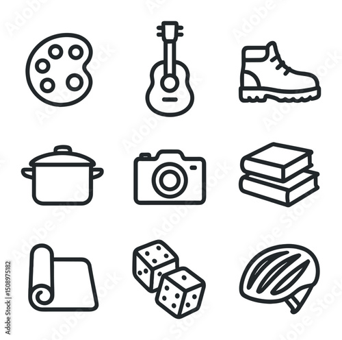 Shared Hobbies Icons. Outline icon set of shared hobbies: paint palette, acoustic guitar, hiking boot, cooking pot, camera, book