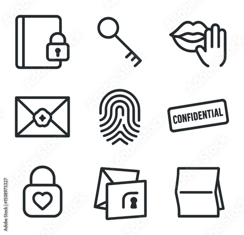 Sharing Secrets Icons. Outline icon set of sharing secrets: locked diary, key, whispering lips, envelope seal, fingerprint,