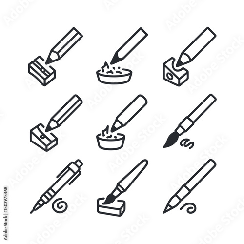 Sharpening Tools Icons. Outline icon set of sharpening for different mediums: graphite pencil, charcoal stick, colored pencil,