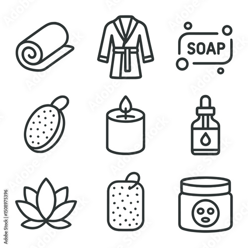 Spa Icon Set. Outline icon set of spa comfort: towel, bathrobe, soap bar, loofah, scented candle, essential oil bottle, lotus