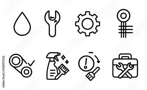 Industrial maintenance tools and symbols: icons for repairs and cleaning