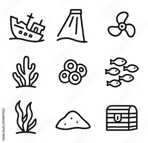 Shipwreck Icon Collection. Outline icon set of sunlit shipwreck scene: wreck hull, sunshaft, propeller, coral encrustation,