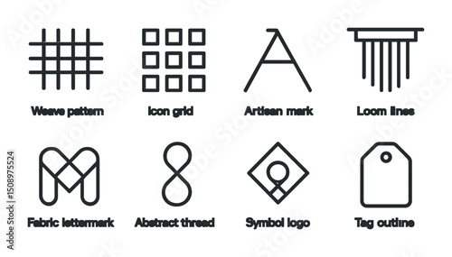 Diverse icons collection featuring patterns, symbols, and tags for creative design