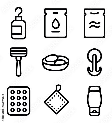 Shower Caddy Essentials. Outline icon set of shower caddy essentials: hanging shampoo, conditioner sachet, shower gel pouch, razor