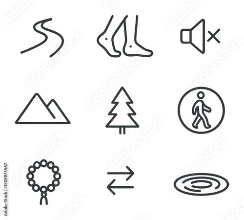 Silent Walking Meditation Icons. Outline icon set of silent walking meditation: trail path, walking feet, mute symbol, mountain