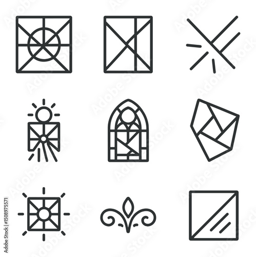 Stained Glass Icon Set. Outline icon set of stained glass illumination: colored pane, lead frame, light refraction, sunbeam