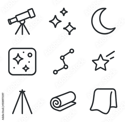 Stargazing Icon Set. Outline icon set of star gazing peace: telescope, star cluster, crescent moon, night sky, constellation lines