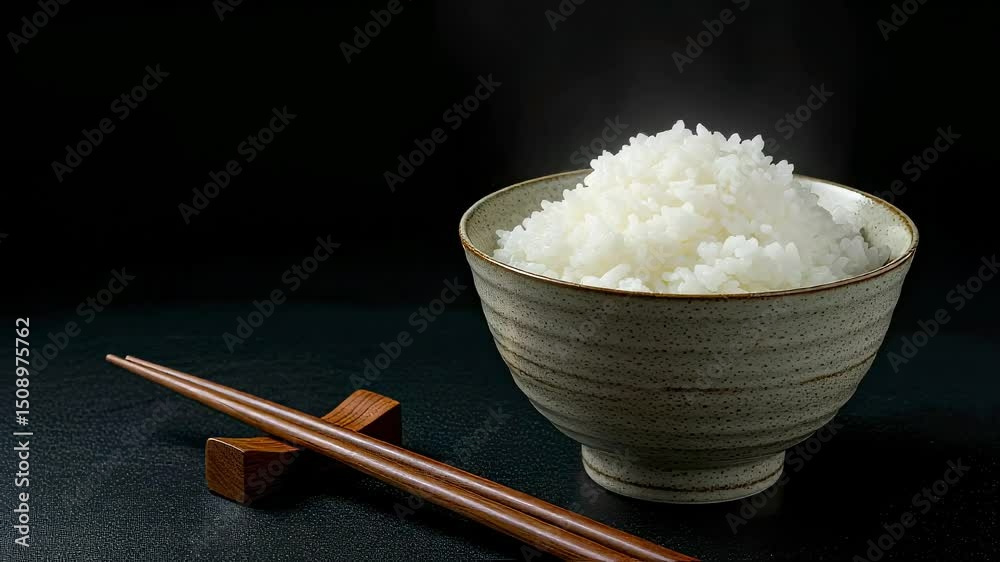 湯気が立ち昇る炊き立てご飯と、茶色い箸(ループ再生可) 湯気が立ち昇る炊き立てご飯と、茶色い箸(ループ再生可)