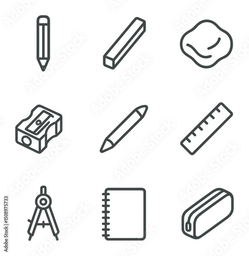 Sketching Tools Icons. Outline icon set of sketching and drawing tools: graphite pencil, charcoal stick, kneaded eraser, pencil